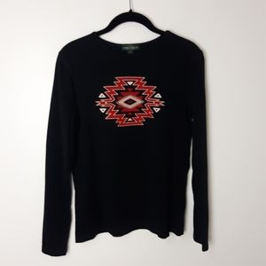 LRL Lauren Jeans Black Long Sleeve Tshirt Embroidered Patchwork Southwest Design